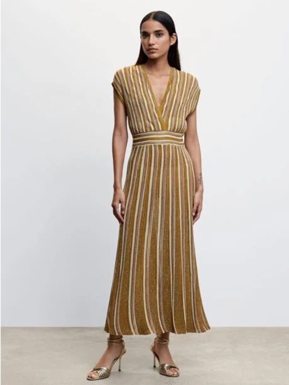 Mango Striped V Neck Midi Dress Gold Cream Pink Glam Elevated Small Lined